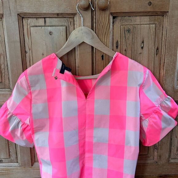 J. Crew 0 Pink Tan Blouse Ruffle Sleeve Top Neon‎ Buffalo Check Soft Blossom - Picture 4 of 6